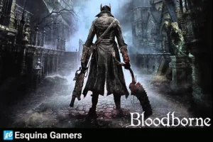 Bloodborne videojuego con cazador y logo visible en una escena oscura