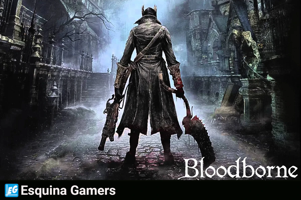 Bloodborne videojuego con cazador y logo visible en una escena oscura