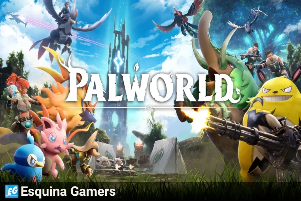 Portada del juego Palworld con personajes y Pals en un mundo abierto.