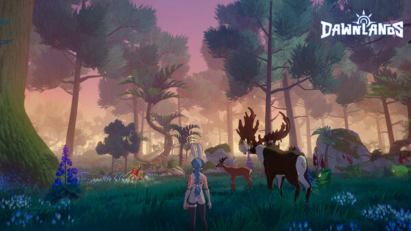 Escena del juego Dawnlands con un personaje explorando un bosque lleno de animales en un mundo abierto de aventuras.