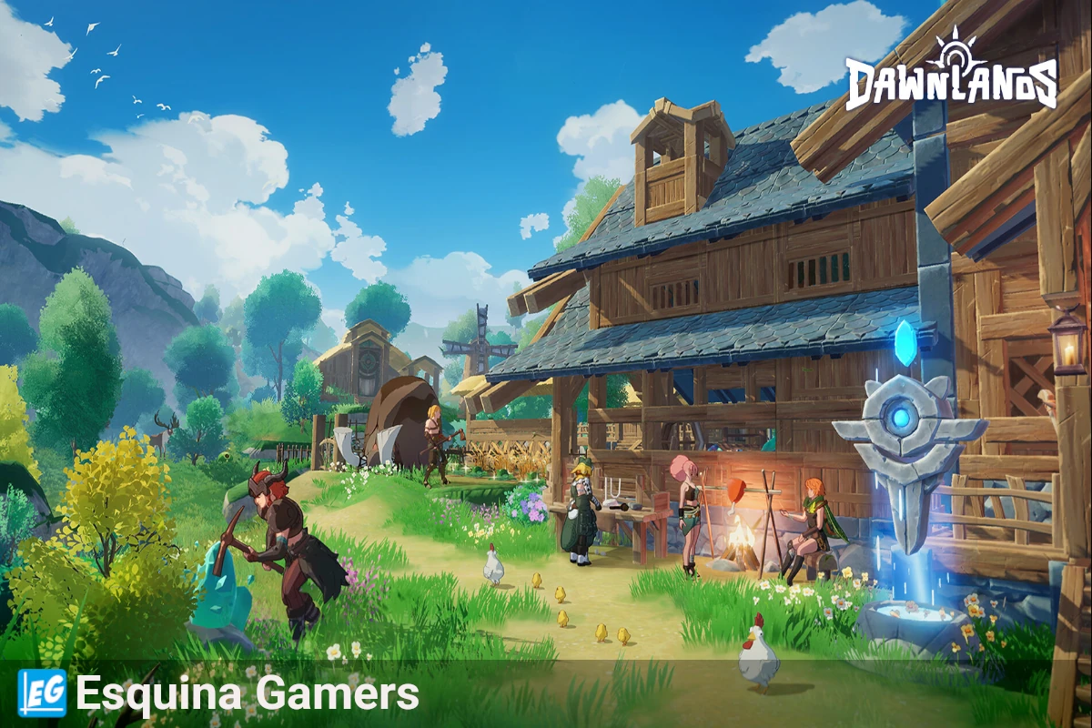 Escena del juego Dawnlands mostrando una aldea con personajes construyendo, explorando y realizando tareas en un mundo abierto