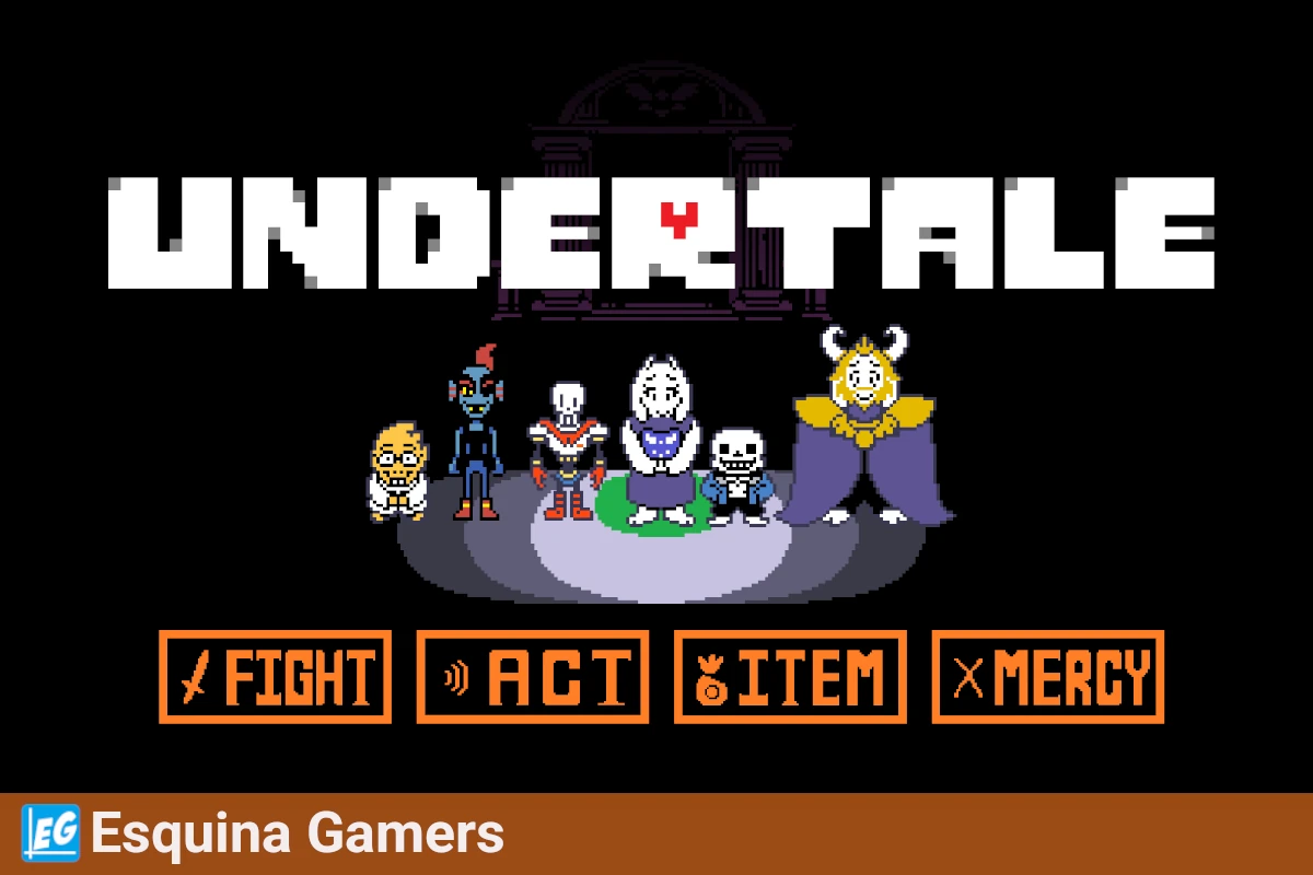Imagen del videojuego Undertale con sus personajes principales frente al logo y las opciones de combate: Fight, Act, Item y Mercy.