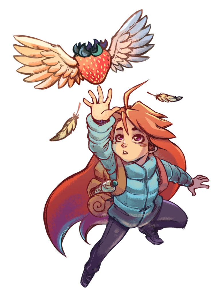 Ilustración de Madeline del juego Celeste, alcanzando una fresa voladora con alas mientras salta, con su abrigo azul y cabello naranja al viento.