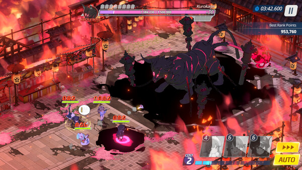 Combate contra un jefe gigante en Blue Archive con efectos visuales intensos y escenario en llamas.