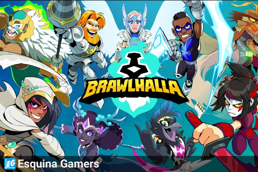 Brawlhalla juego de lucha 2D con un grupo de Leyendas (personajes) coloridos en el fondo y el logo del juego en el centro.