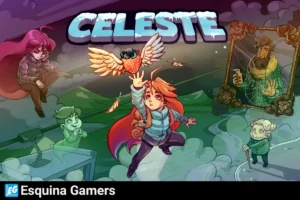 Personajes del juego Celeste en estilo ilustración, con Madeline alcanzando un corazón alado, fantasmas y retrato misterioso, juego indie de aventura pixel art.
