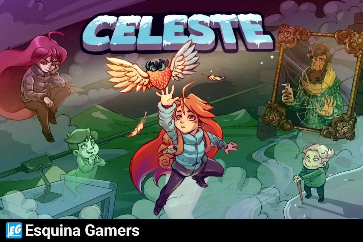 Personajes del juego Celeste en estilo ilustración, con Madeline alcanzando un corazón alado, fantasmas y retrato misterioso, juego indie de aventura pixel art.