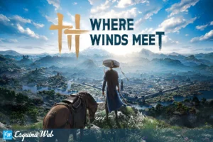 Escena de Where Winds Meet juego con un espadachín y vistas del mundo abierto oriental.