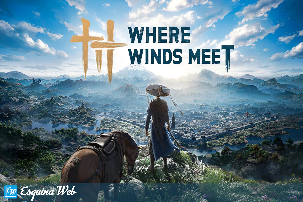 Escena de Where Winds Meet juego con un espadachín y vistas del mundo abierto oriental.
