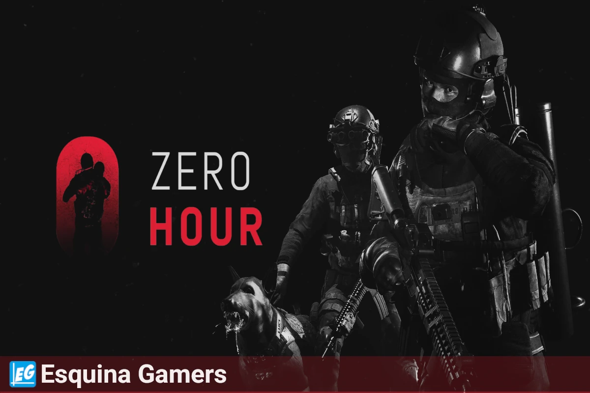 Zero Hour - Imagen promocional oficial: dos operadores tácticos equipados con chalecos antibalas, cascos y rifles de asalto, acompañados por un perro de ataque K9, en una pose de alta tensión. Logo del juego con silueta roja de un rehén y el título en blanco y rojo. Marca de Esquina Gamers en la parte inferior.