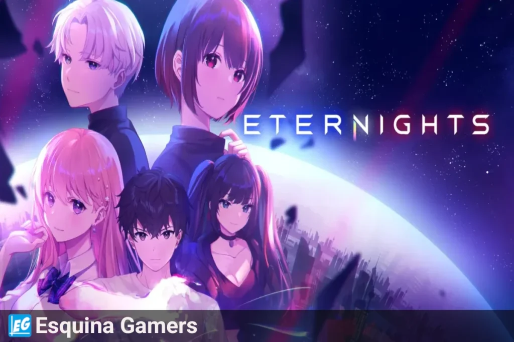 Eternights juego — personajes principales con estética anime y fondo futurista