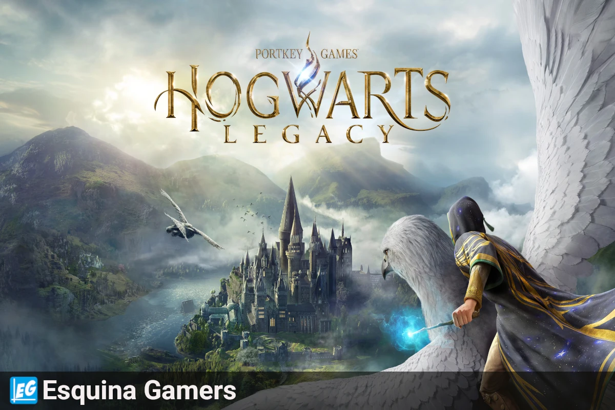 Hogwarts Legacy juego — vista del castillo de Hogwarts y un mago montando un hipogrifo