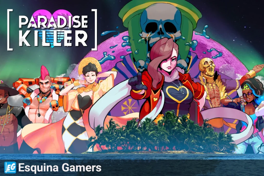 Paradise Killer gratis en Epic Games con personajes coloridos y estilo visual surrealista