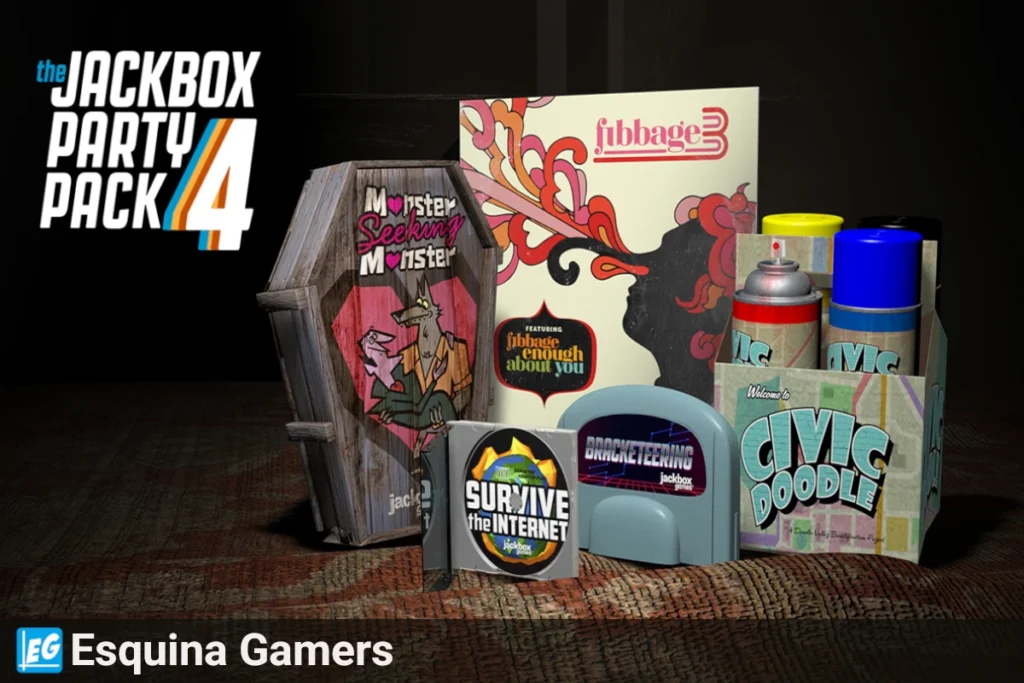 Imagen promocional de The Jackbox Party Pack 4 mostrando los cinco juegos incluidos: Fibbage 3, Monster Seeking Monster, Survive the Internet, Bracketeering y Civic Doodle, con el logo de Esquina Gamers.