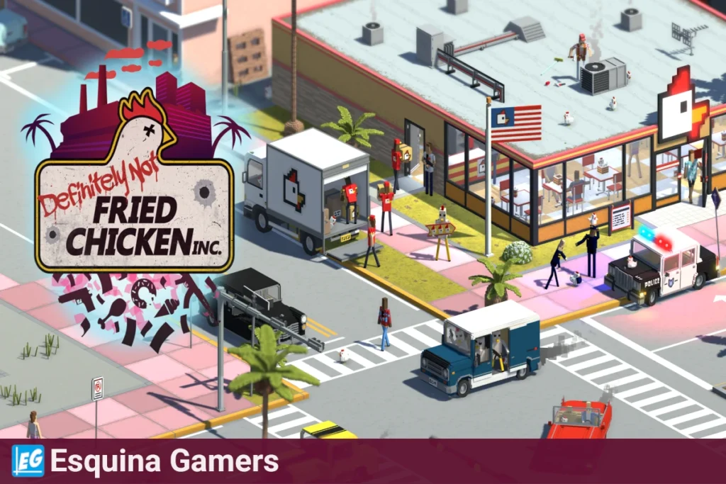 Imagen del juego Definitely Not Fried Chicken, donde se observa un restaurante de pollo frito, camiones de reparto y personajes en un entorno urbano isométrico.