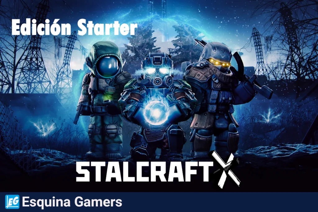 STALCRAFT X Edición Starter pack con tres personajes armados en escenario postapocalíptico