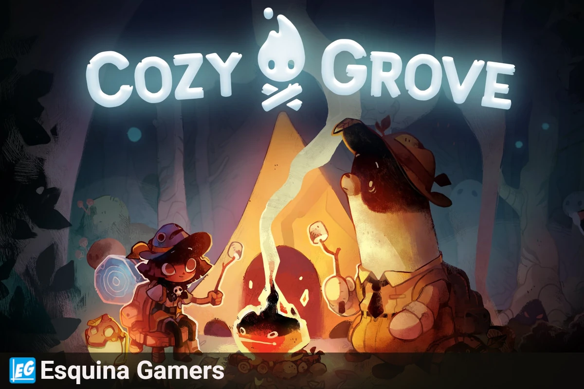 Cozy Grove gratis en Epic Games con explorador y espíritus alrededor de una fogata en la isla
