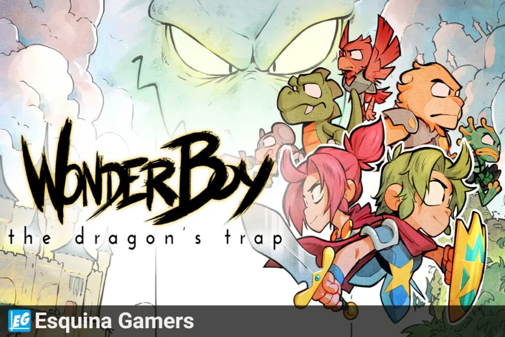 Wonder Boy The Dragon’s Trap remake con estilo dibujado a mano y los personajes principales enfrentando a un dragón en el fondo