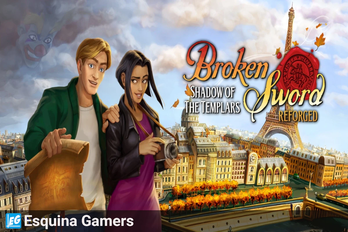Portada de Broken Sword Reforged con George y Nico en París frente a la Torre Eiffel