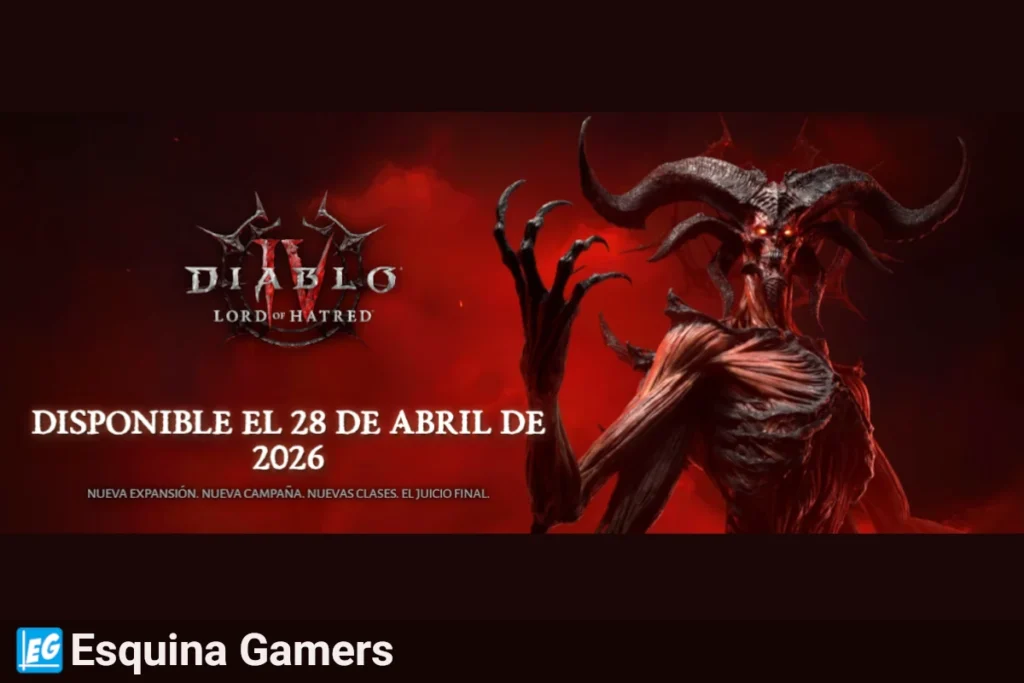 Banner promocional de Diablo IV: Lord of Hatred con un demonio de aspecto oscuro y amenazante sobre fondo rojo intenso; texto indica “Disponible el 28 de abril de 2026” y anuncia nueva expansión, campaña y clases.