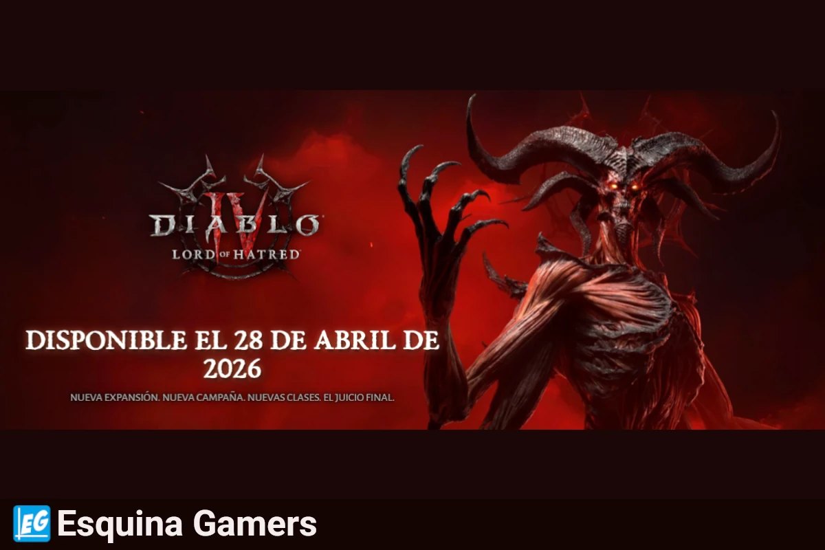 Banner promocional de Diablo IV: Lord of Hatred con un demonio de aspecto oscuro y amenazante sobre fondo rojo intenso; texto indica “Disponible el 28 de abril de 2026” y anuncia nueva expansión, campaña y clases.