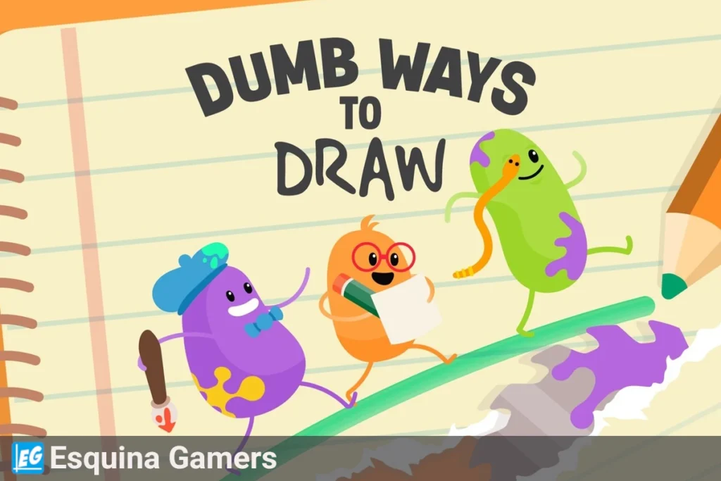 Portada del juego Dumb Ways to Draw con tres personajes animados de colores dibujando sobre una libreta, acompañados del logo de Esquina Gamers.