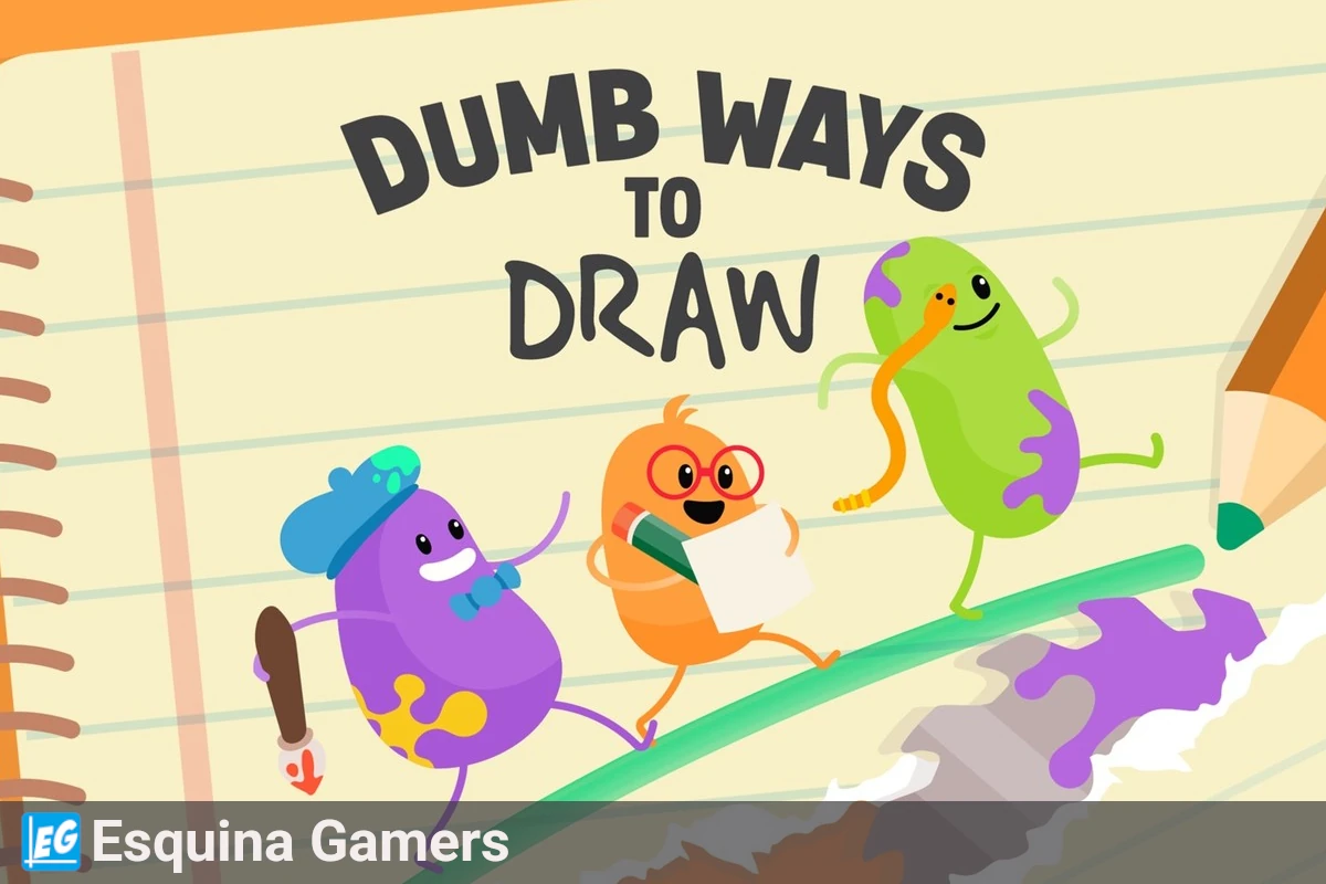 Portada del juego Dumb Ways to Draw con tres personajes animados de colores dibujando sobre una libreta, acompañados del logo de Esquina Gamers.