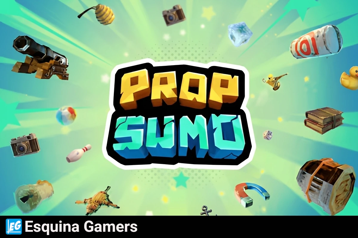 Prop Sumo gratis en Epic Games con logo del juego y objetos flotando alrededor