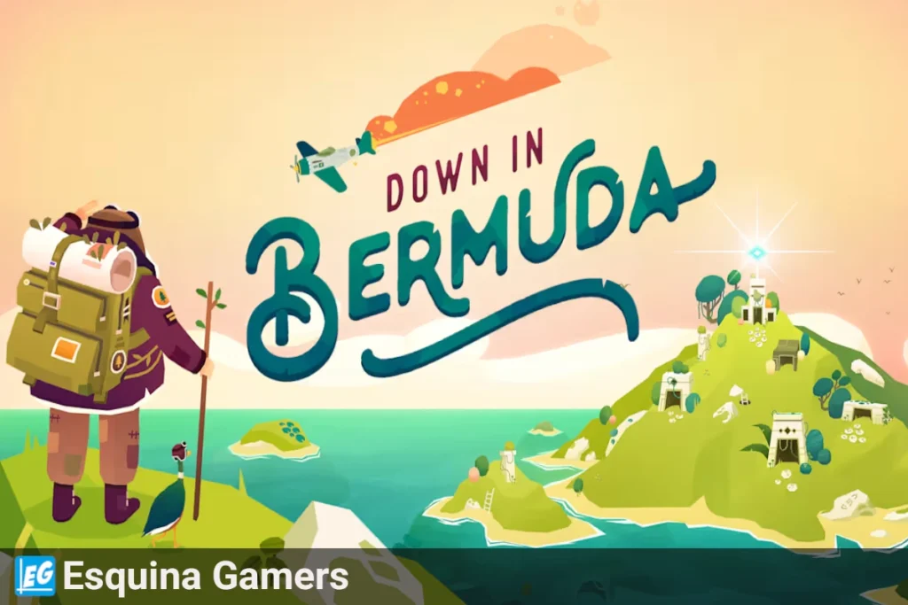 Ilustración de portada del videojuego Down in Bermuda con el personaje Milton observando una isla tropical llena de templos y acertijos antiguos.