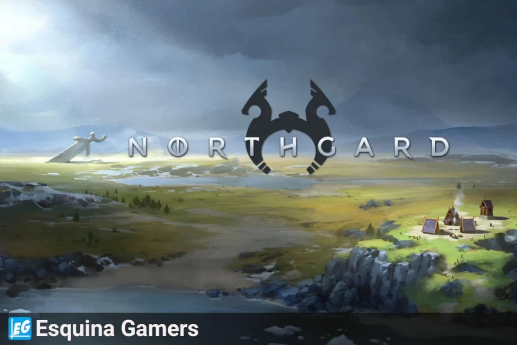 'Northgard', con un paisaje épico nórdico bajo un cielo dramático. Muestra una costa rocosa y un pequeño asentamiento vikingo con hogueras a la derecha sobre un acantilado verde.