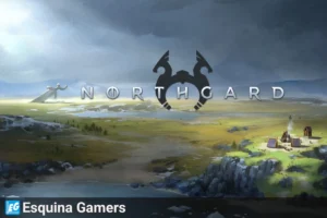 'Northgard', con un paisaje épico nórdico bajo un cielo dramático. Muestra una costa rocosa y un pequeño asentamiento vikingo con hogueras a la derecha sobre un acantilado verde.