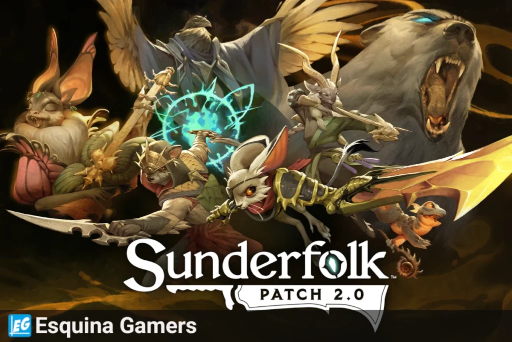 Sunderfolk Patch 2.0 ilustración oficial con personajes antropomórficos en combate y logo del juego