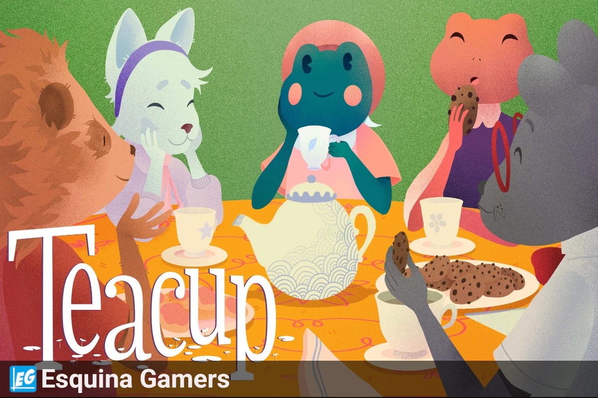 Ilustración del juego Teacup mostrando a la protagonista rana tomando el té con sus amigos animales en la versión para Android de Epic Games Mobile.