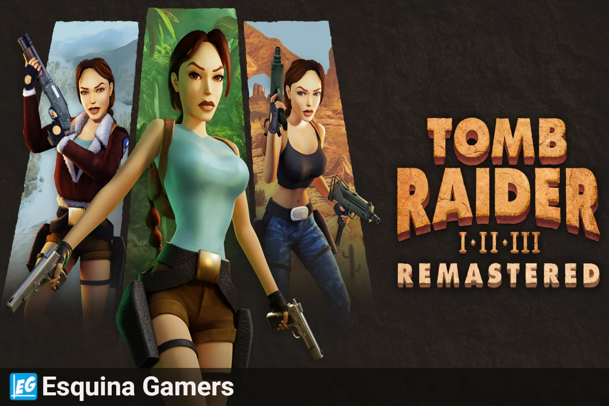 Tomb Raider I-III Remastered: Tres Laras Croft y el logo de la colección.