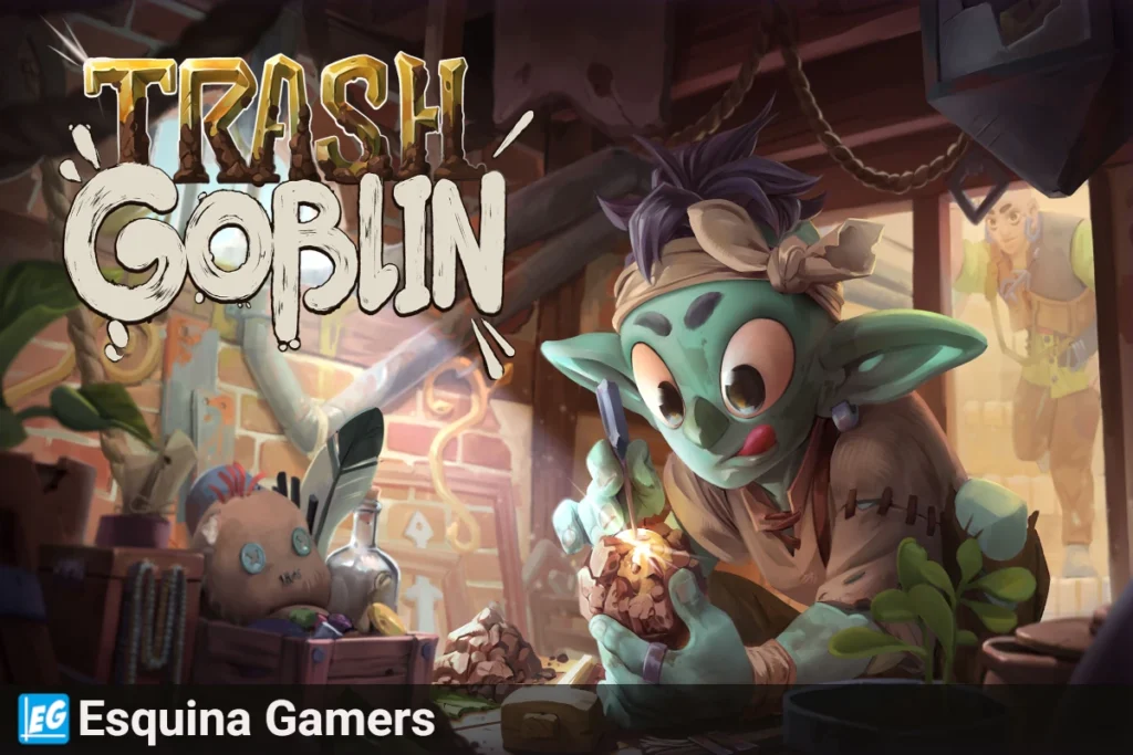 Ilustración principal del videojuego Trash Goblin que muestra a un tierno duende verde con grandes ojos trabajando con detalle en su taller de restauración.