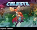 Personajes del juego Celeste en estilo ilustración, con Madeline alcanzando un corazón alado, fantasmas y retrato misterioso, juego indie de aventura pixel art.