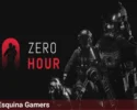 Zero Hour - Imagen promocional oficial: dos operadores tácticos equipados con chalecos antibalas, cascos y rifles de asalto, acompañados por un perro de ataque K9, en una pose de alta tensión. Logo del juego con silueta roja de un rehén y el título en blanco y rojo. Marca de Esquina Gamers en la parte inferior.