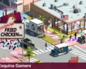 Imagen del juego Definitely Not Fried Chicken, donde se observa un restaurante de pollo frito, camiones de reparto y personajes en un entorno urbano isométrico.