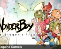 Wonder Boy The Dragon’s Trap remake con estilo dibujado a mano y los personajes principales enfrentando a un dragón en el fondo