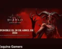 Banner promocional de Diablo IV: Lord of Hatred con un demonio de aspecto oscuro y amenazante sobre fondo rojo intenso; texto indica “Disponible el 28 de abril de 2026” y anuncia nueva expansión, campaña y clases.