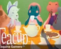 Ilustración del juego Teacup mostrando a la protagonista rana tomando el té con sus amigos animales en la versión para Android de Epic Games Mobile.