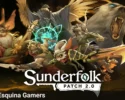 Sunderfolk Patch 2.0 ilustración oficial con personajes antropomórficos en combate y logo del juego