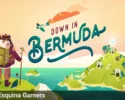 Ilustración de portada del videojuego Down in Bermuda con el personaje Milton observando una isla tropical llena de templos y acertijos antiguos.