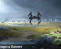 'Northgard', con un paisaje épico nórdico bajo un cielo dramático. Muestra una costa rocosa y un pequeño asentamiento vikingo con hogueras a la derecha sobre un acantilado verde.